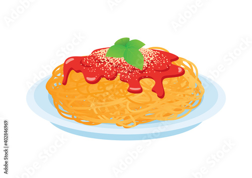 Spaghetti with tomato sauce, parmesan and basil icon vector. Plate of spaghetti with tomato sauce, cheese and basil icon isolated on a white background. Pasta icon vector