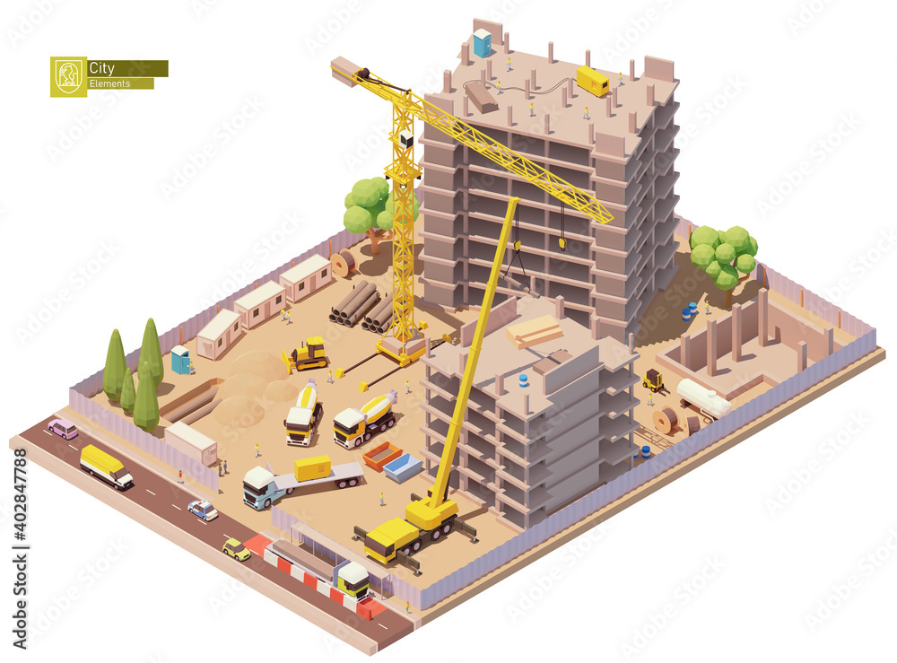 Vector isometric building construction site in the city. Modern skyscraper or monolithic building construction, tower crane, trucks, workers, excavator and other construction machinery