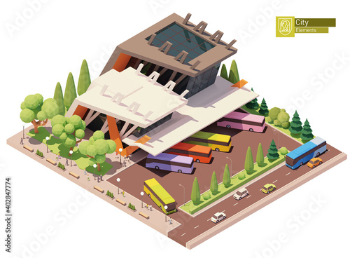 Vector isometric intercity bus terminal. Bus or coach terminus. Modern bus station building. Isometric city map elements