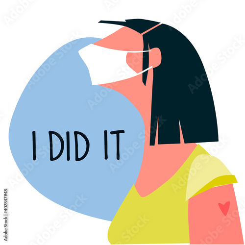 Vaccination time concept. Stop coronavirus concept. Happy woman after vaccine injection in shoulder. Vector illustration with I Did It text. Campaign banner, poster, flyer, social media post template