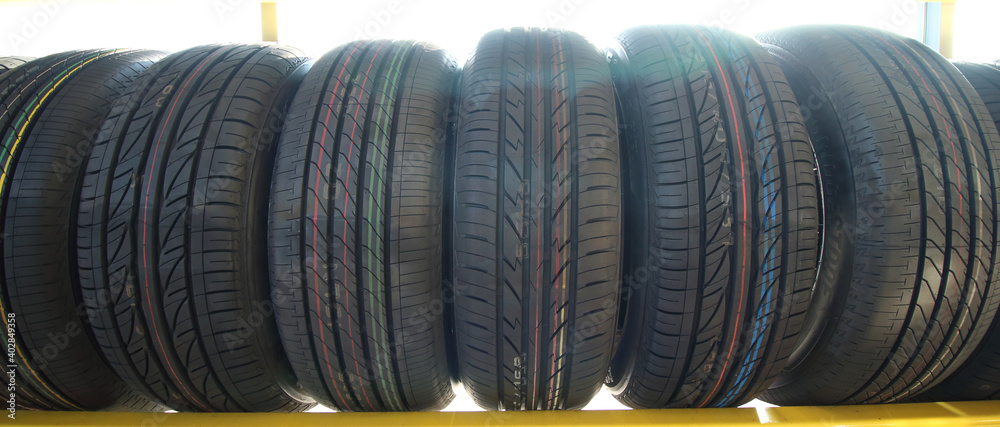 Car tires standing in shop Car tires standing in shop