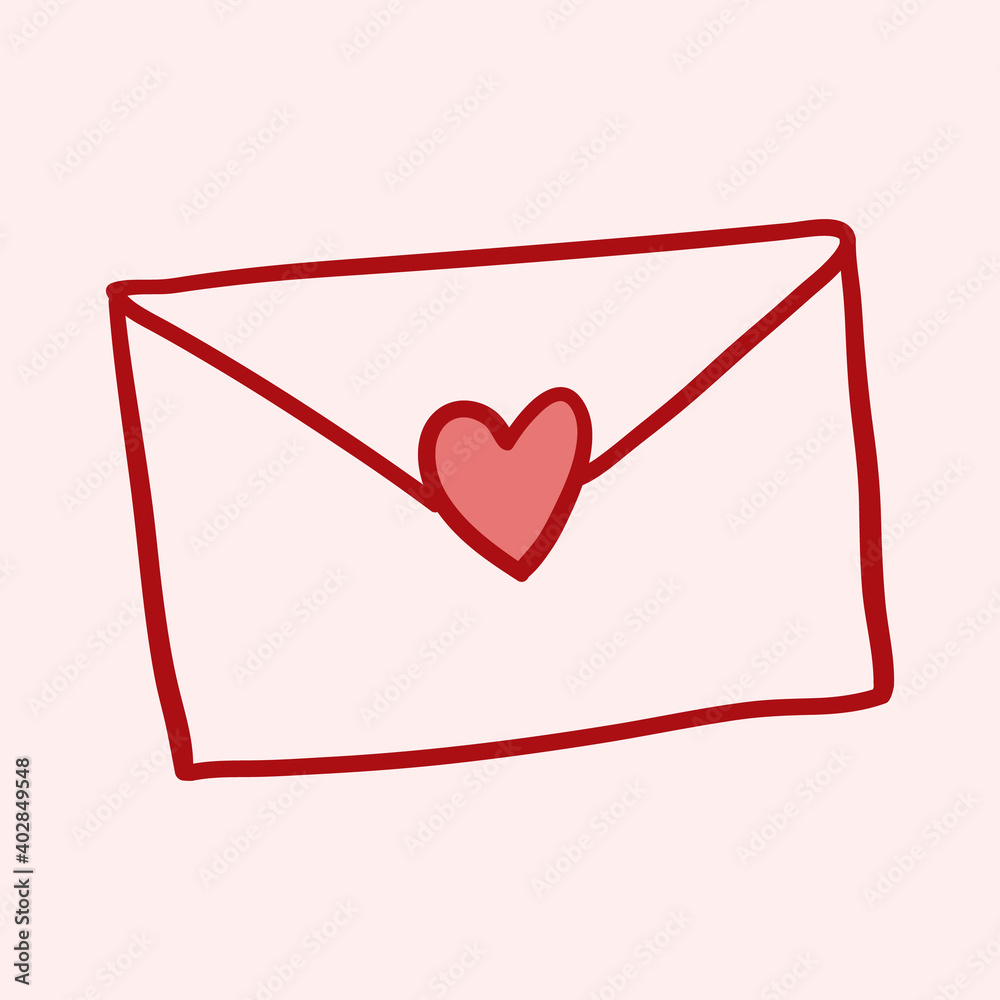 Valentines Day theme doodle Vector icon of hand drawn mail letter with heart shape on a pink background.