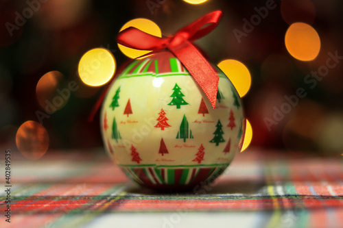 christmas ball ornament with Bokeh lights in background. christmas decoration