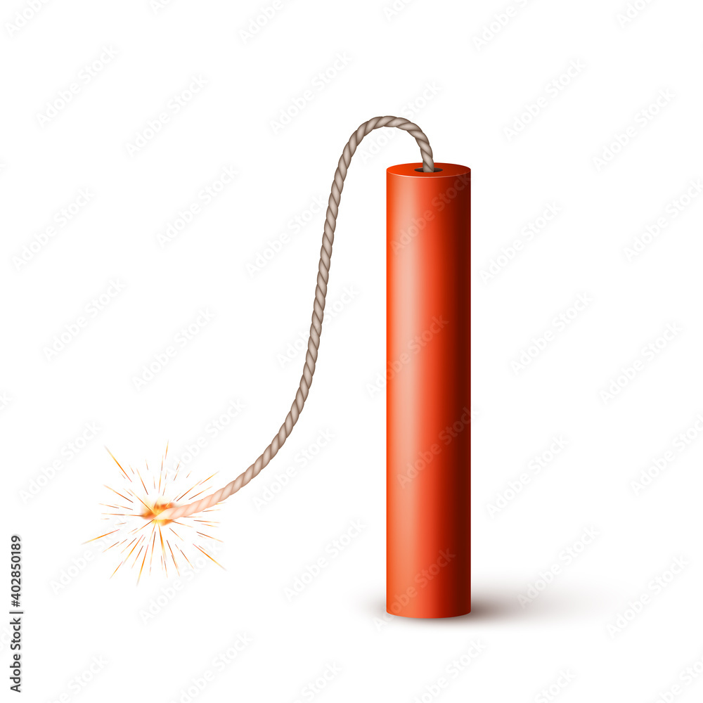 Dynamite Bomb with Burning Wick. Military Detonate Red Weapon. Vector illustration isolated on white Dynamite Bomb with Burning Wick. Military Detonate Red Weapon. Vector illustration isolated on white
