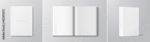 Vector white book mockup set - cover, spread, spine. Realistic blank book in hardcover in different angles. Top view. Applicable for design presentation. Eps 10.