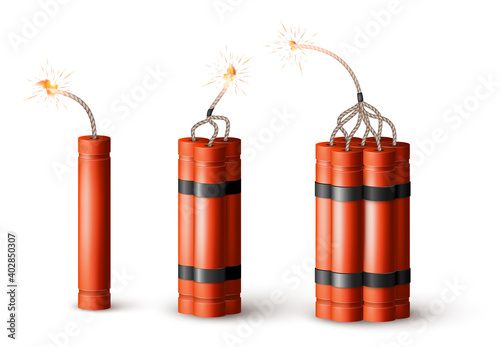 Dynamite Bomb with Burning Wick. Military Detonate Red Weapon. Vector illustration isolated on white background photo