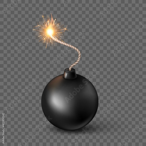 Black Sphere Bomb. Burning fuse black bomb in realistic style. Vector illustration