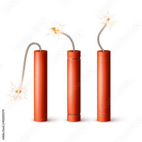 Red Realistic Dynamite Bomb. Military Detonate Weapon. Vector illustration isolated on white