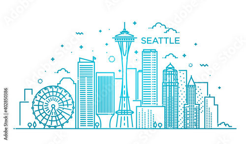 Banner of Seattle city in flat line trendy style. Seattle city line art.