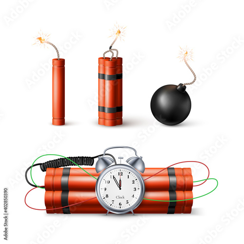 Dynamite Bomb with Countdown Clock and Black Sphere Bomb. Military Detonate Weapon. Vector illustration isolated on white