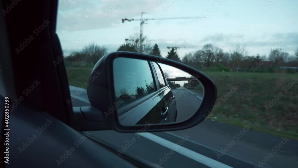 4K 60p Side Mirror View. Empty Highway Expressway Suburban Road. Coronavirus Lock-down Quarantine. Travelling by Car POV. France Europe. 4K 60p Side Mirror View. Empty Highway Expressway Suburban Road. Coronavirus Lock-down Quarantine. Travelling by Car POV. France Europe.
