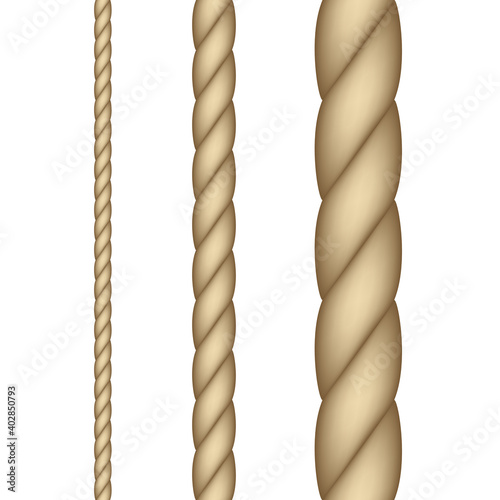 Realistic nautical twisted rope knots. Seamless rope. Vector