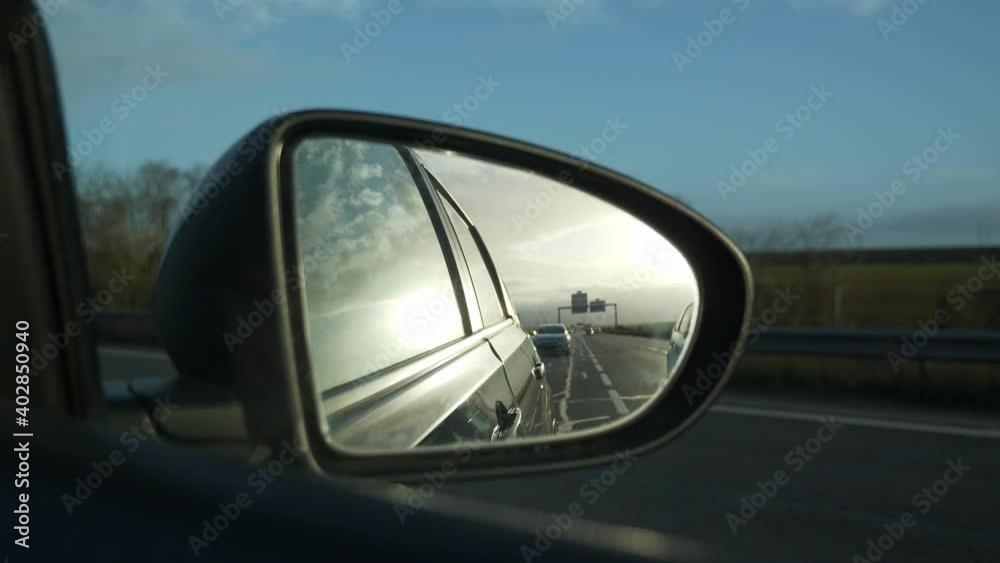 4K 60p Morning Sunshine Side Mirror View. Highway Expressway Country Road. Travelling by Car POV. France Europe 4K 60p Morning Sunshine Side Mirror View. Highway Expressway Country Road. Travelling by Car POV. France Europe