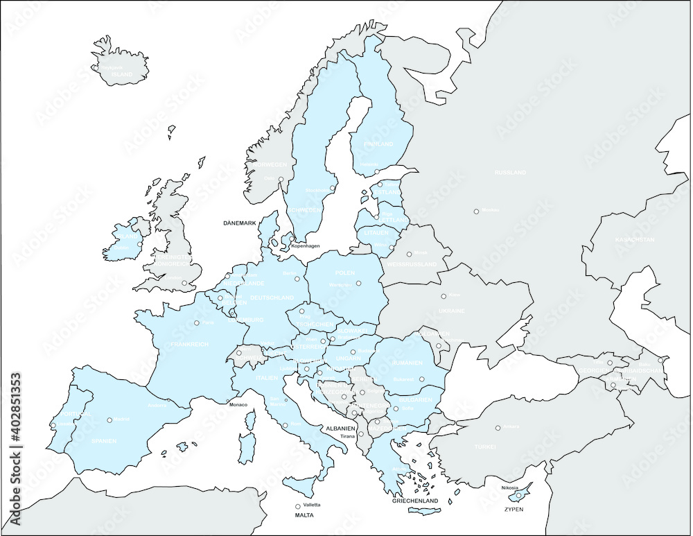 Fototapeta premium Europakarte EU grau / blau mit schwarzen Ländergrenzen und Hauptstädten und Text (nach Brexit)