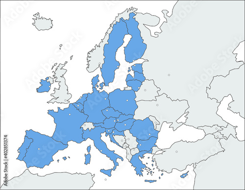 Europakarte EU grau / blau mit schwarzen Ländergrenzen und Hauptstädten (nach Brexit)