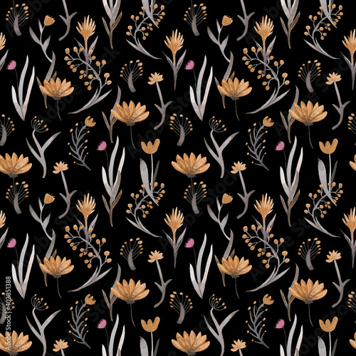 Watercolor seamless pattern of plants and hearts in BOHO style. Some elements are made with gold paint. This is the perfect illustration for fabrics.