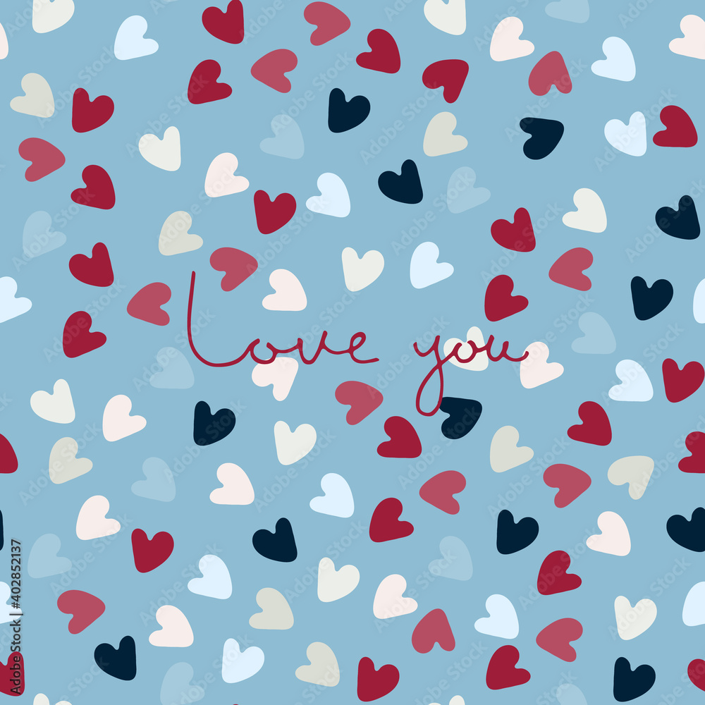 Love You handwritten phrase on blue background with multicolored heart shapes. Greeting card vector template. Love confession design. Love, romance, Valentines Day concept