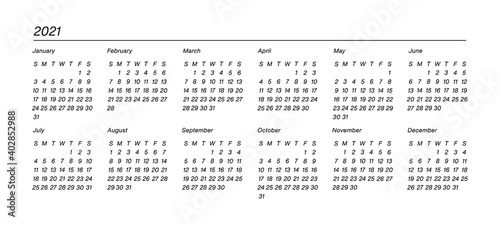 Organizer and bullet journal printable. Perfect minimalist calendar. 2021 year at glance. Week starts at Sunday. European English Gregorian calendar. Planner sticker. Stationery. Vector. 