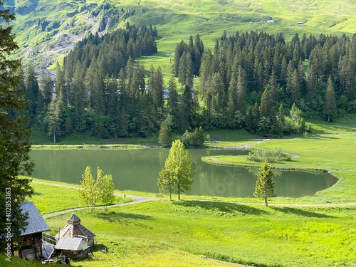 The alpine lake Seeblisee at the foot of the mountain range First and in the Schwyz Alps mountain massif, Oberiberg - Canton of Schwyz, Switzerland (Kanton Schwyz, Schweiz) photo