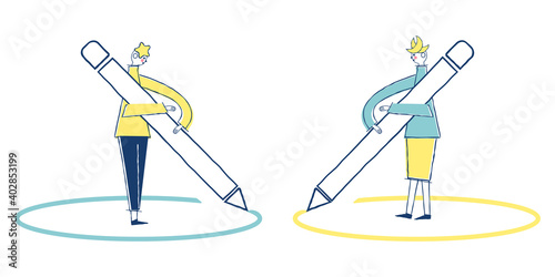 Young business people cartoon character drawing circle around themselves on white background, social distancing, depression and solitude, quarantine ,Hand drawn doodle flat vector illustration design