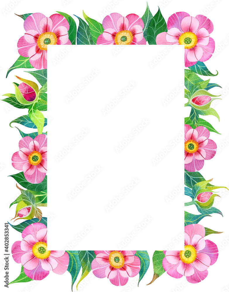 Watercolor pink peony flowers, buds and green leaves rectangle frame, floral greenery invitation on white background