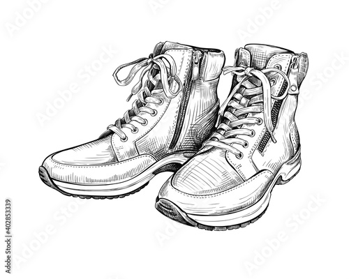Hand drawn sketch of boots isolated on a white background. Concept of comfort shoes in modern casual style. Side view. Vector illustration