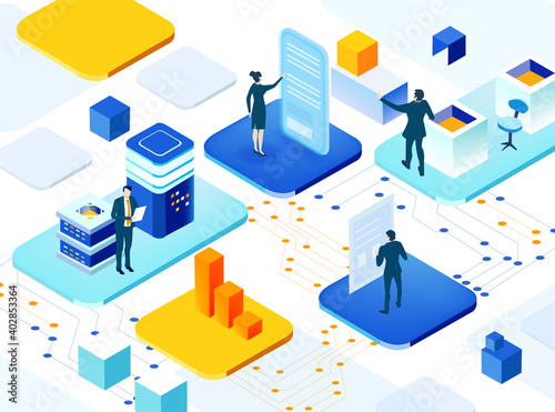 Isometric 3D business environment with business people standing at abstract platforms, shake hands as symbol of success. Business concept illustration, working together