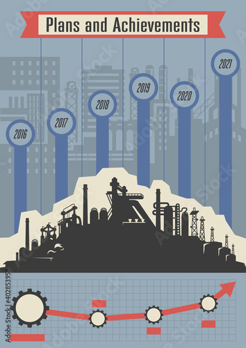 Old Soviet Working Propaganda Infographic, Plans and Achievements Industrial Background