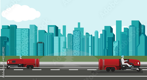 Two spray red cars with drivers to prevent coronavirus on asphalt road with big city building. Flat style vector illustration.