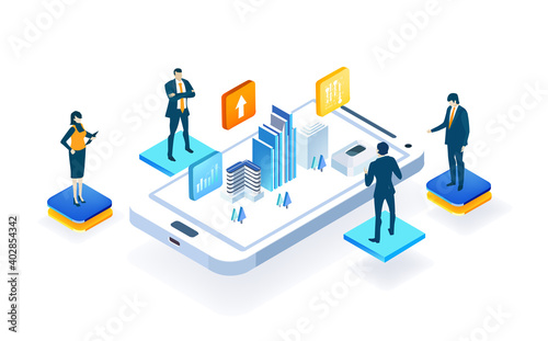 Isometric office with architects working. New project at phone screen. Business people having a meeting, discussing progress, making agreements. Business management, advisory, finance, supervise 