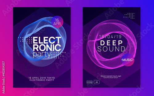 Music poster. Minimal concert magazine set. Dynamic fluid shape and line. Neon music poster. Electro dance dj. Electronic sound fest. Club event flyer. Techno trance party.