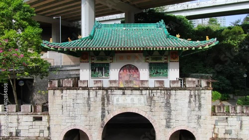 Pok Ngar Villa ornate gatehouse remains, Sha Tin area in Hong Kong, Aerial view. photo