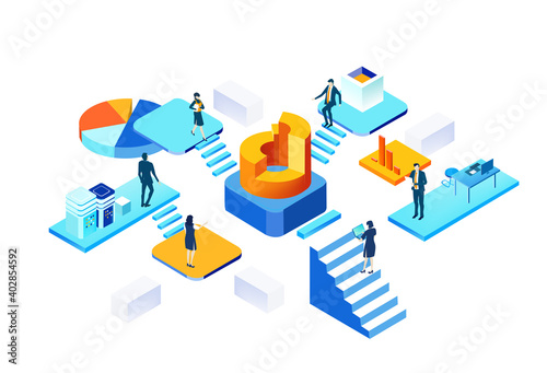 Isometric 3D business environment with business people working and communicating around big growth chart. Technology, success, internet, data protection and personal security concept 