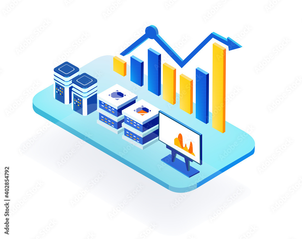 Isometric 3D illustration of platform with growth charts and bars server blocks. Business icon, background. 