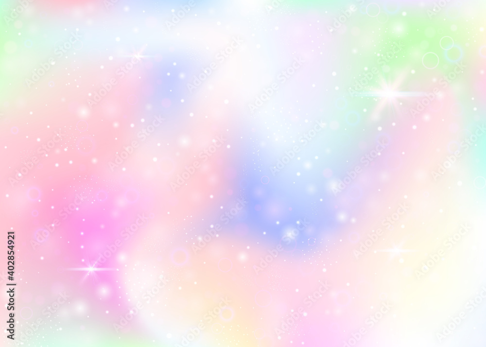 Magic background with rainbow mesh. Mystical universe banner in princess colors. Fantasy gradient backdrop with hologram. Holographic magic background with fairy sparkles, stars and blurs.