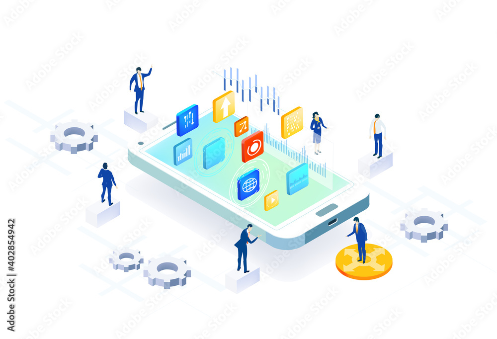 Application development iIsometric illustration. Business people stand around mobile phone, having a meeting, discussing progress, agreements. Business management, advisory, finance concept