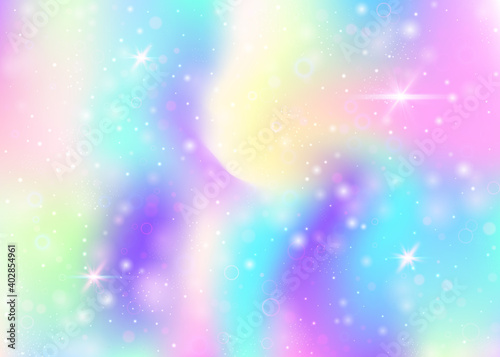 Magic background with rainbow mesh. Colorful universe banner in princess colors. Fantasy gradient backdrop with hologram. Holographic magic background with fairy sparkles, stars and blurs.