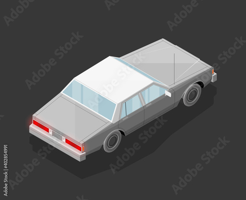Isometric car sharing banner. Auto transportation route map, Fast automobile logistic 3d transport, application isometry city old auto car infographic classic vehicle. Low poly style car vehicle model