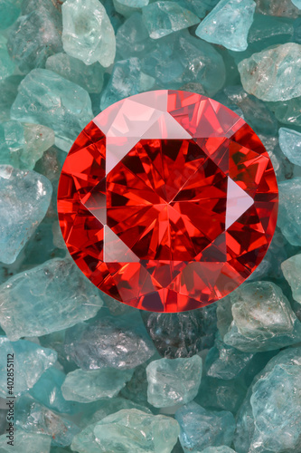 ruby red diamonds on raw sky blue gemstones