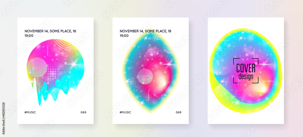 Summer music. Feminine invitation layout set for disco club. Fluid holographic gradient shape and line. Electronic sound. Night dance holiday. Summer music fest poster and flyer.