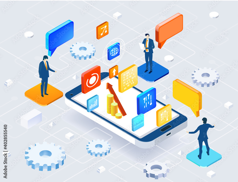 Application development iIsometric illustration. Business people stand around mobile phone, having a meeting, discussing progress, agreements. Business management, advisory, finance concept Application development iIsometric illustration. Business people stand around mobile phone, having a meeting, discussing progress, agreements. Business management, advisory, finance concept