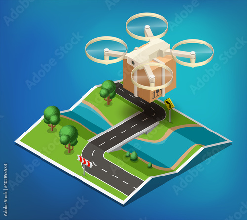 Drone delivery above the map concept illustration. Quadcopter flying over a map and carrying a package to customer. 3d isometric icon