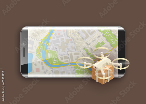 Drone delivery box near screen phone tablet display. copter carrying package cargo to customer. Autonomous or wireless remoted flying drone. Vector 3d isometric