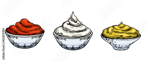 Mayonnaise, mustard, tomato ketchup sketch. Sauces in bowls. Various hot spice. A set of sauces. Vector drawing for the menu of a cafe of fast food, restaurants or posters. Vector illustration
