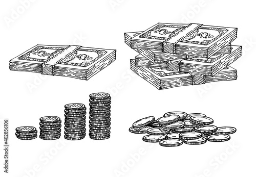 Finance, money set. Line black ink hand drawn old gold. Sketch of stack of coins, paper money, coins in different positions. Black and white hand drawn vector illustration.