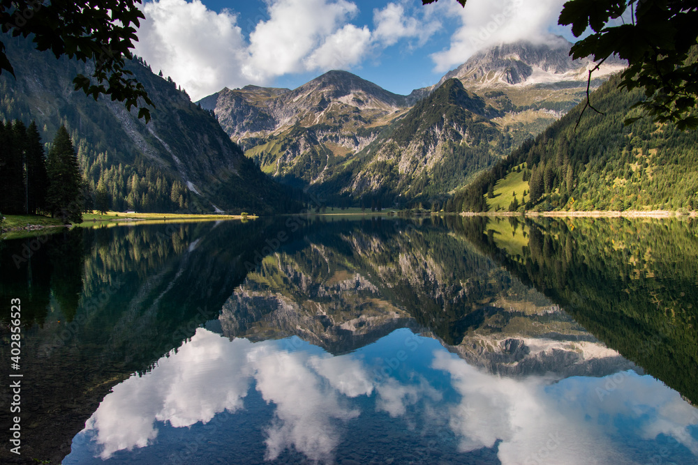 
The Vilsalpsee in the morning in the nature reserve of the Tannheimer Valley in Tyrol / Austria