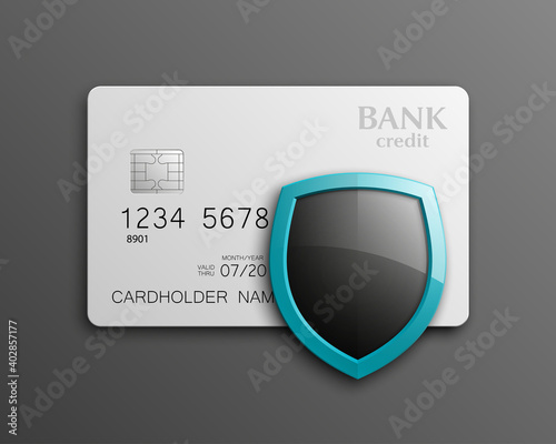 Protection shield credit card. Safety badge banking card. Safeguard finans icon. Security shield Plastic card software. Debit card guard electromagnetic chip. Privacy Electronic money funds transfer.