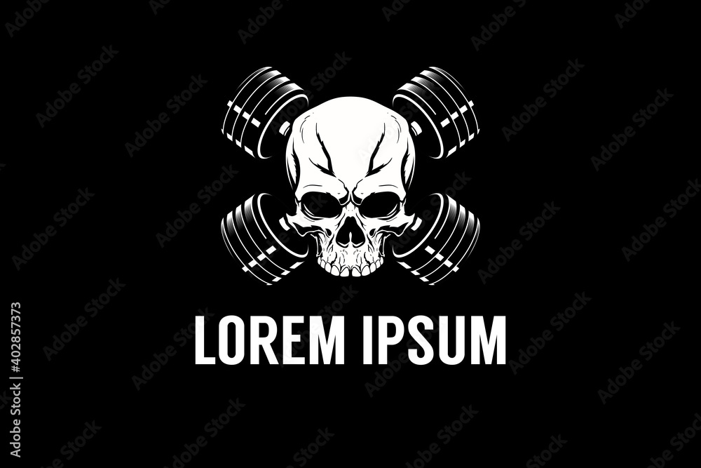 skull head with barbell GYM logo vector template