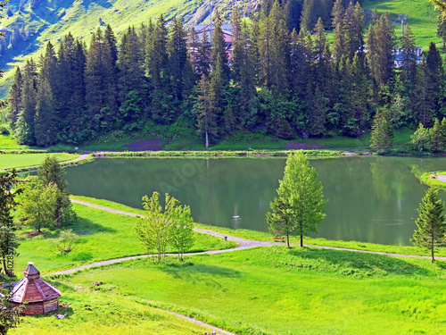 The alpine lake Seeblisee at the foot of the mountain range First and in the Schwyz Alps mountain massif, Oberiberg - Canton of Schwyz, Switzerland (Kanton Schwyz, Schweiz) photo