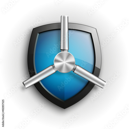 Protection guard shield concept with safety handwheel. Safety badge helm icon. Privacy Safe door handle banner. Security bright label. Presentation shining sticker shield shape. Defense safeguard sign